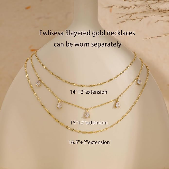 Layered Necklaces for Women, Dainty Gold Necklace Stack 14k Gold Plated Layering Cubic Zirconia Choker Necklaces for Women Trendy Simple Layered Gold Necklace Set Fashion Jewelry