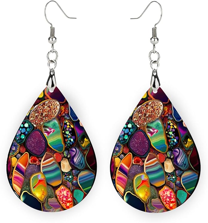 Teardrop Wood Earrings Light Weight Printed Image Dangle Jewelry, Fun and Funky