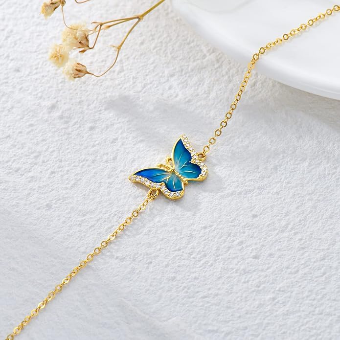 SISGEM 14k Gold Diamond Blue Butterfly Anklet for Women, 14 Karat Gold Ankle Bracelet Jewelry Gifts for Her (0.12 ct, 9.4-11 Inch)