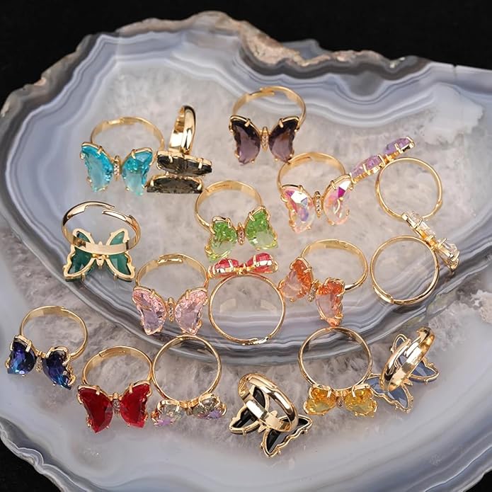 MISS RIGHT Butterfly Crystal Jewelry Set with Butterfly Necklace Stud Earrings Bolo Bracelet Adjustable Ring for Women Trendy, Iridescent Y2K Dainty Butterfly Jewelry Gifts