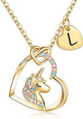 Hidepoo Valentines Gifts for Kids Girls - Unicorn Necklace Gifts for Teen Girls Kid, Colorful CZ Heart Pendant Initial Unicorn Necklaces for Girl Jewelry Birthday Gift for Girl Kid