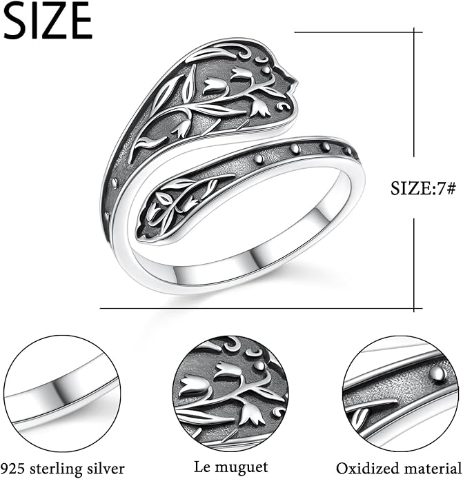 925 Sterling Silver Hummingbird/Sunflower Turquoise/Moonstone/Lily of the Valley Flower Spoon Ring Adjustable Open Ring Statement Thumb Ring Jewelry for Women