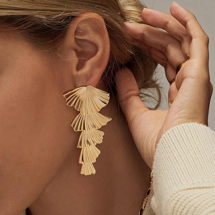 Chunky Gold Earrings-14K Gold Plated Ginkgo Leaf Bow Dangle Geometric Designed Drop Heart Teardrop Statement Chunky Earrings for Women