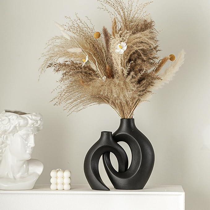 Black Hollow Ceramic Vase Set of 2, Snuggle Round Boho Donut Modern Vase Nordic - Image 2