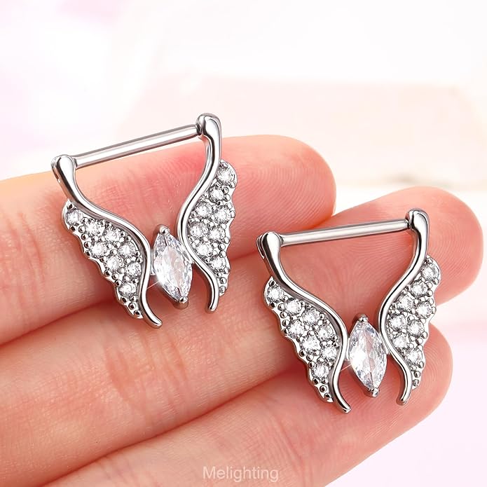 Melighting Butterfly Nipple Rings 14G Nipple Piercing 316L Stainless Steel Nipple Clicker Nipple Jewelry Clear CZ Nipple Piercing Jewelry For Women 14 mm