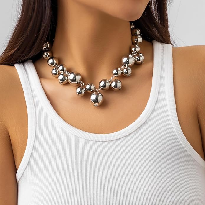 Chunky Gold Beads Necklaces for Women,Vintage Exaggeration Necklace Statement Punk Big Thick Beaded Necklace Fashion Classic Jewelry