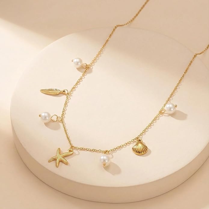 Shell Starfish Necklace for Women, 14k Gold Plated Boho Layered Beaded Charm Pendant Necklace, Dainty Adjustable Pearl Conch Summer Beach Vacation Jewelry Gifts
