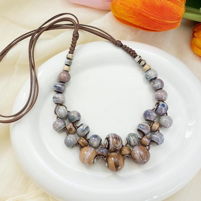 Boho Round Colorful Ceramic Beaded Necklace, Adjustable Hippie Statement Necklace, Handmade Ethnic Jewelry Gift for Women
