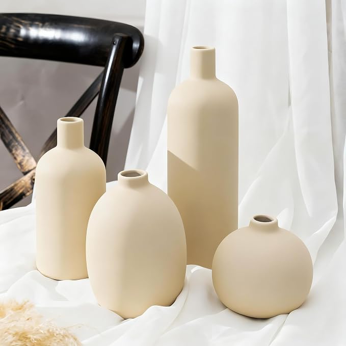 Beige Ceramic Vase Set of 4, Modern Neutral Colors Home Decor, Rustic Farmhouse - Image 7
