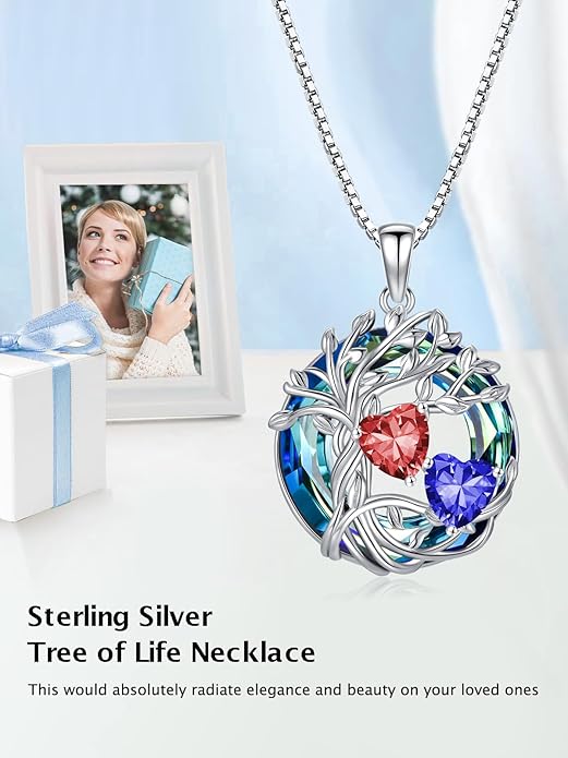 TOUPOP s925 Sterling Silver Family Celtic Tree of Life Pendant Necklaces with 2 Heart Birthstone with Blue Austrian Crystal Jewelry Birthday Valentines Day Gifts for Her, Anniversary Christmas Gifts for Wife Girlfriend Mom (18K Real White Gold Filled)