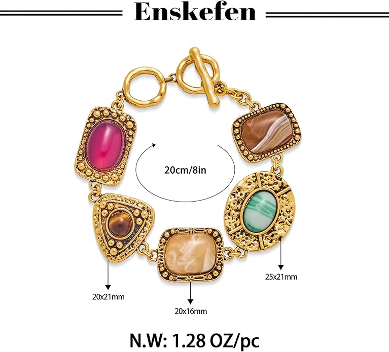 Vintage Geometric Stone Charm Bracelets for Women Trendy Chunky Gold Chain Link Bracelet Boho Statement Bangle Bracelets Jewelry