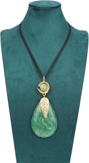 GelConnie Leather Necklace for Women Large Pendant Long Brown Necklace Circle Leather Choker Vintage Sweater Necklace Gold Chunky Boho Necklaces for Women
