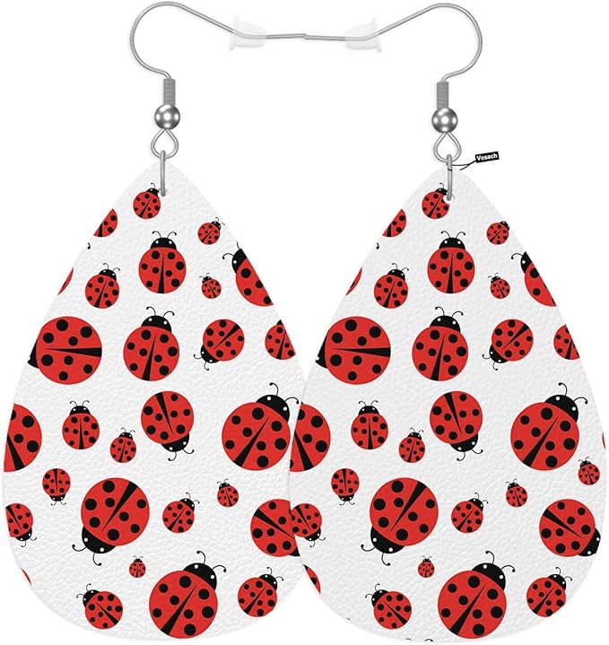 Ladybug Leather Teardrop Earrings For Women Red Black Ladybug Polka Dots Pattern Western Earrings For Friends Gift Drop Dangle Earrings