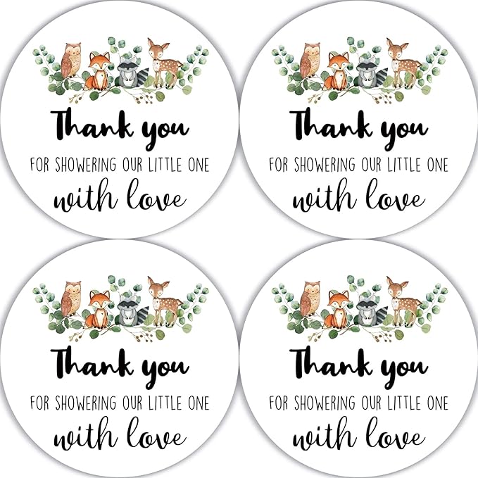80 Pieces Thank You for Showering Our Little One with Love Woodland Creature Thank You Stickers, Baby Shower Birthday Party Decorate Watercolor Forest Woodland Animals Theme Label Decorations