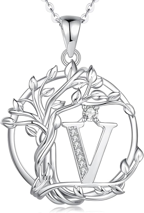 FANCIME Tree of life Initial necklaces for women, Sterling Silver Tree Jewelry Simulated Diamond Letter Pendant Cubic Zirconia CZ Personalized Birthday Mothers Day Gifts for Mom Wife Her