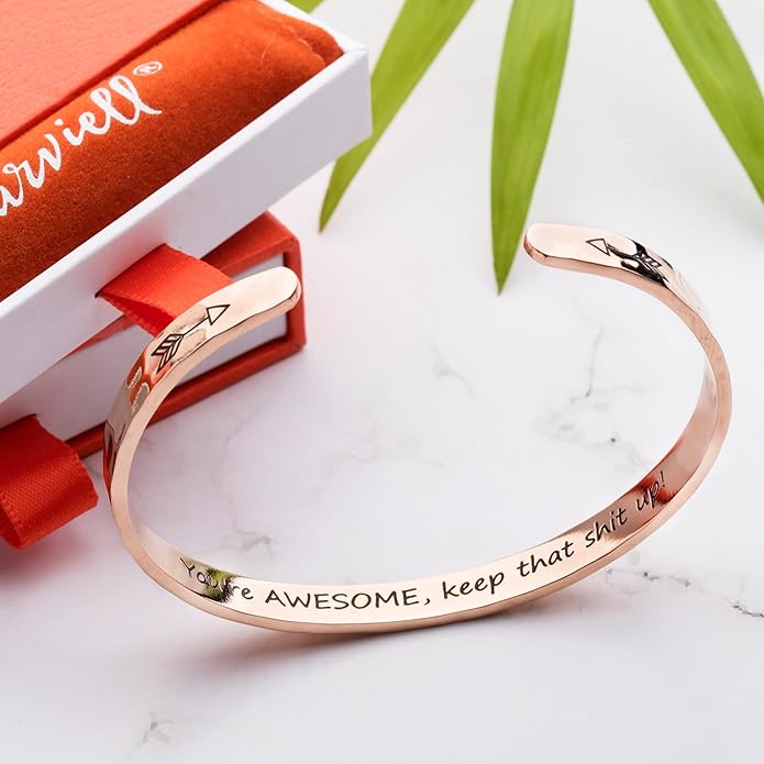 Carviell Engraved Cuff Bracelets for Women – Inspirational, Friendship, Love, Mom, Daughter, Sister, Christian, Graduation, Memorial & Wedding Gifts – 80+ Phrases – Stainless Steel, Gift-Ready