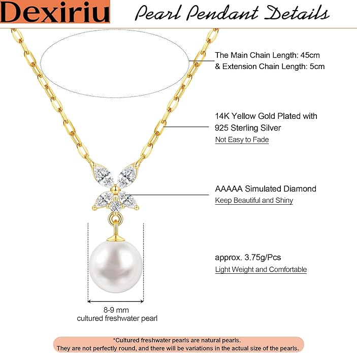 Pearl Necklace for Women with 14K Gold Plated S925 Silver & Butterfly Pendant Necklace, 17.7"+2" Chain Length, Gift for Birthday, Mothers Day, Christmas, Anniversary, Graduation