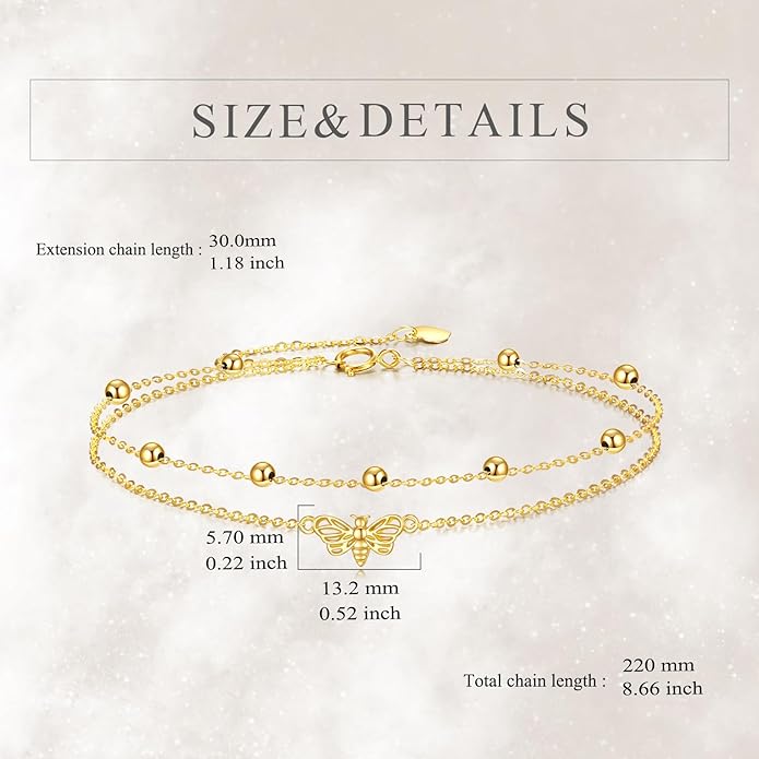 KECHO 14k Yellow Gold Butterfly/Dragonfly/Frog/Sunflower/Daisy/Tree of life/Moon/Clover Bracelet Anklet for Women