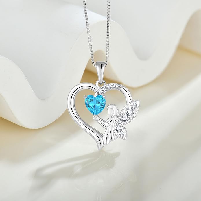 Guardian Angel Necklace 925 Sterling Silver Heart Angel Wings Pendant Birthstone Jewelry for Women