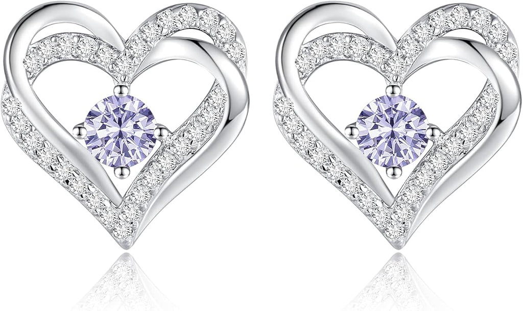 CDE Forever Love Heart Stud Earrings for Women, 925 Sterling Silver Birthstone Heart Stud Earrings Christmas Day Mother's Day Gift Anniversary Birthday Jewelry Gifts for Women Wife Her