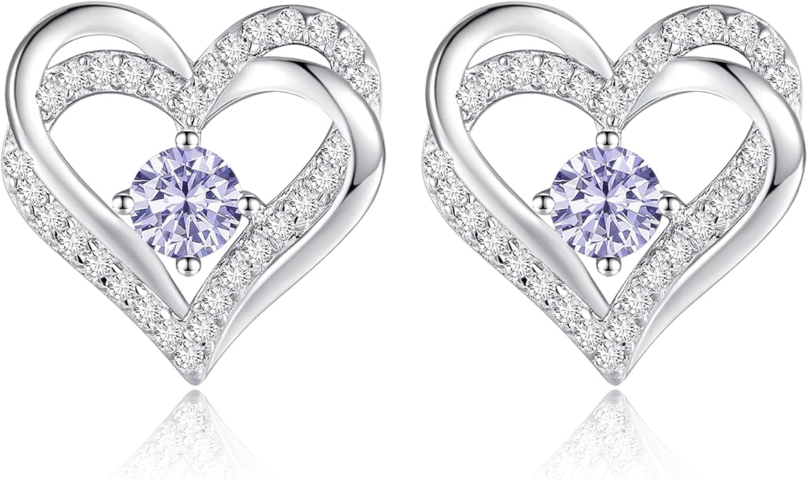 CDE Forever Love Heart Stud Earrings for Women, 925 Sterling Silver Birthstone Heart Stud Earrings Christmas Day Mother's Day Gift Anniversary Birthday Jewelry Gifts for Women Wife Her