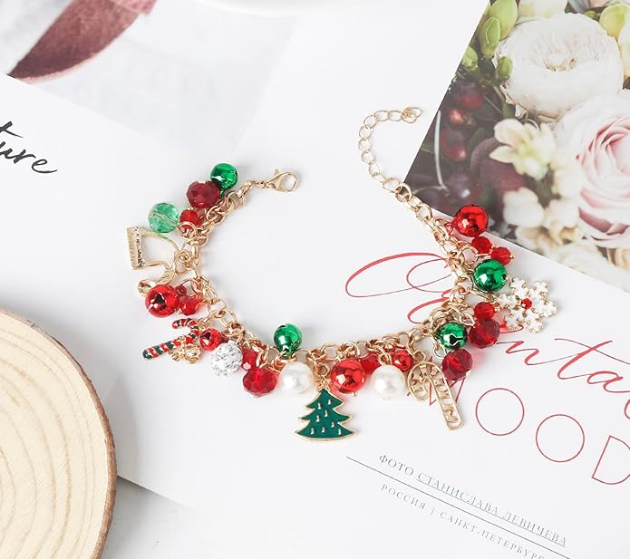 DS Christmas Jingle bell Charm Bracelets for women girls,cute cartoon bell beaded bracelets Stainless Steel Bangle with birthday Gift box,Adjustable jewelry Suitable for boys holiday cosplay gifts