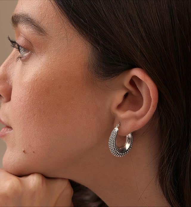 LeCalla 925 Sterling Silver Bali-Style Hoop Earrings Lightweight Click-Top Antique Two-Tone Beaded Italian Bali Style Earring Hoops for Women