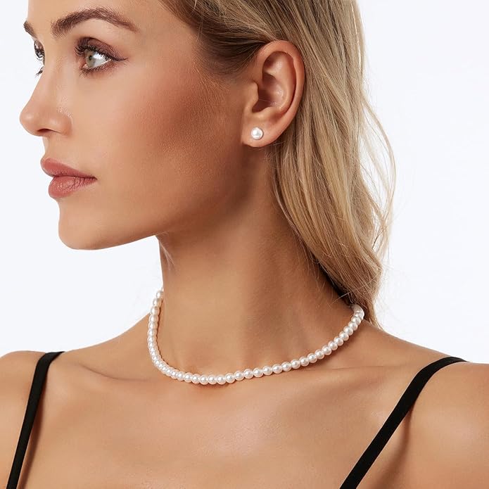 Zeffy Gold Pearl Necklace for Women, Dainty 14K Gold/Silve Plated Layered Pearl Choker Pearl Earrings Pearl Bracelets Wedding Trendy Gold Jewelry Set for Women Gifts