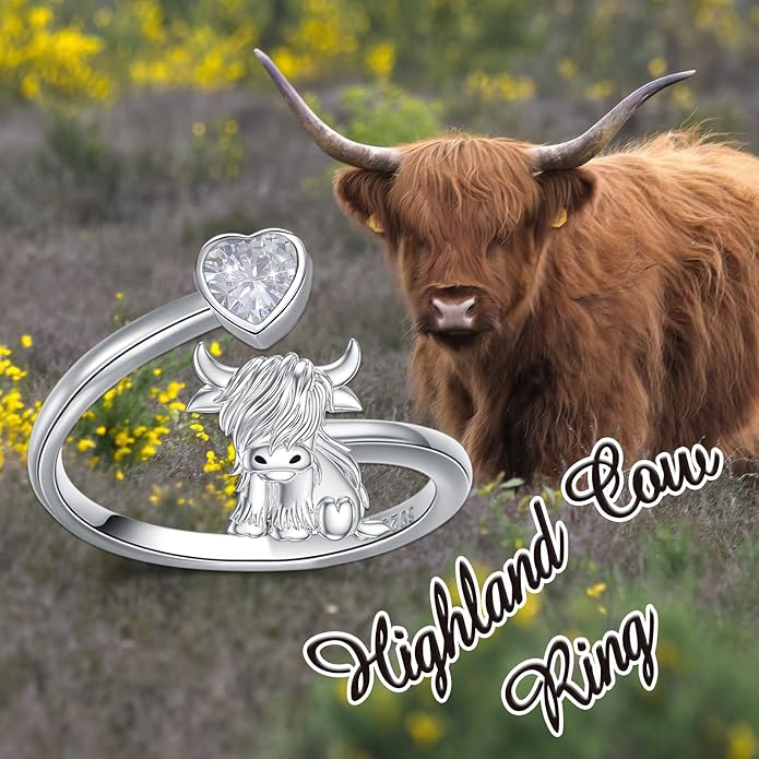 Highland Cow Ring 925 Sterling Silver Adjustable Ring Birthstone Ring Engraved Name Highland Cow Gifts Jewelry for Women