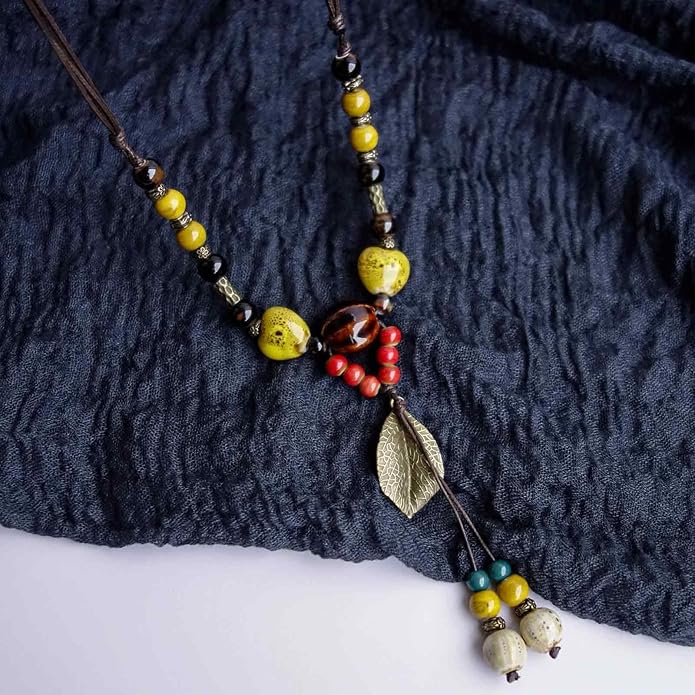 Boho Style Colorful Ceramic Bead Strand Necklace Adjustable Bohemian Jewelry Gift for Women, Fashion Clothing Matching Necklace