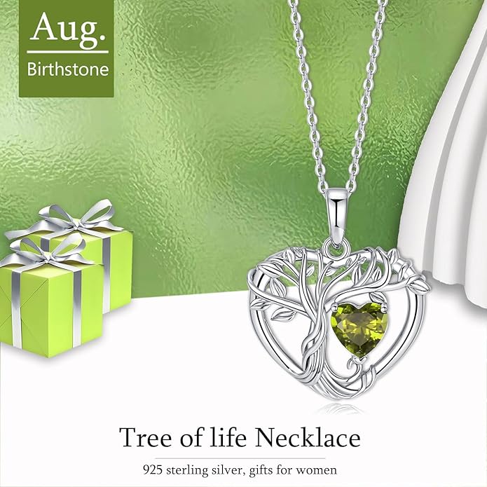 Tree of Life Necklaces for Women 925 Sterling Silver Heart Pendant Birthstone Necklace Created Gemstone Jewelry for Her, 18"+2"