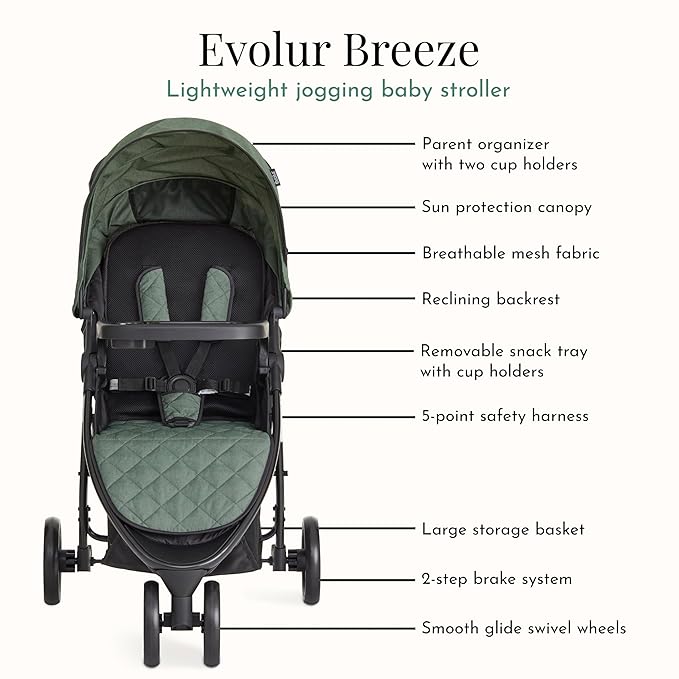 Evolur Breeze Stroller in Green, Adjustable Backrest & Canopy, Compact Fold Lightweight Baby/Toddler Stroller with Storage Basket