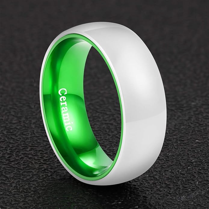 POYA White Ceramic Ring 6mm 8mm Wedding Band for Men Women Inlay Anodized Aluminum Liner Comfort Fit