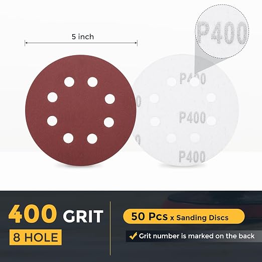 HARFINGTON 50 Pcs 5 Inch Sanding Discs 400 Grit Red Aluminum Oxide 8 Hole | - Image 2