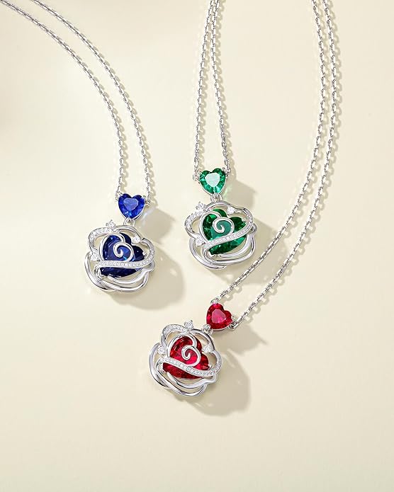 FANCIME Thornless Pulse Heart Birthstone Necklace for Women Sterling Silver Rose Pendant Fine Jewelry Gemstone Birthday Valentines Day Gifts for Wife Her