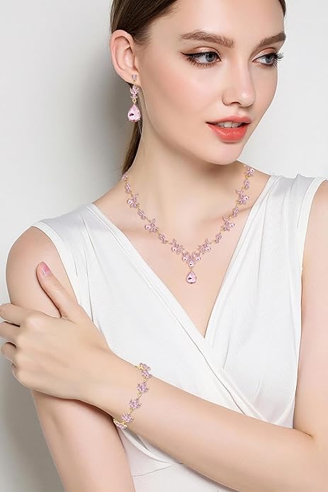 Bridal Wedding Elegant Floral Jewelry Set for Women/Brides/Bridesmaids Crystal Jewelry Set for Wedding Prom Party Bridal Crystal Necklace Earrings Bracelet Set