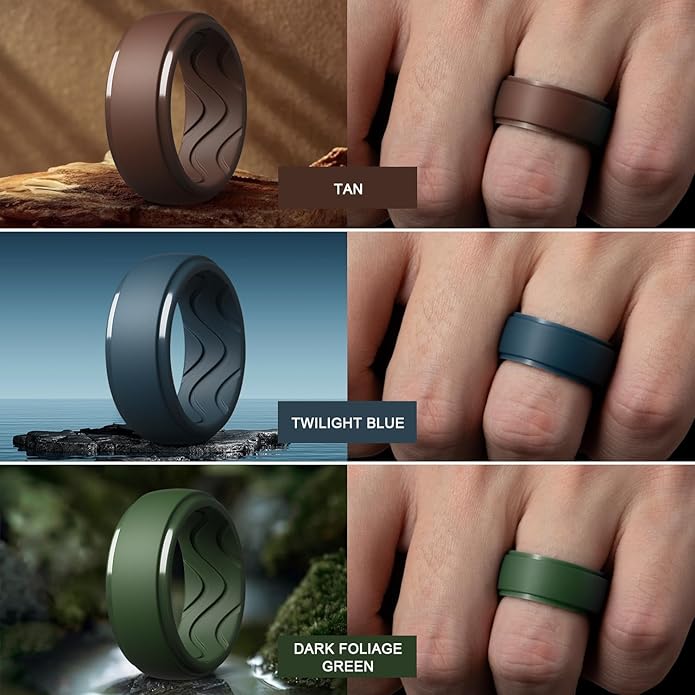 Egnaro Men's Silicone Rings 10mm Wide 2.5mm Thick, Rubber Wedding Bands with Inner Arc Ergonomic Breathable Design, 1/4/5/7 Variety Multipack