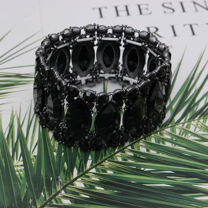 Women’s Elegant Wedding Bridal Crystal Double Row Marquise-Shape Leaf Stretch Bangle Bracelet Bride Jewelry for Women