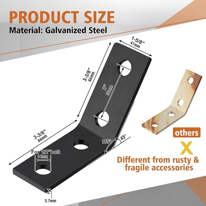8 Pack 45 Degree Angle Bracket for 1-5/8 Strut Channel, Heavy Duty 5.7mm Thick - Image 2