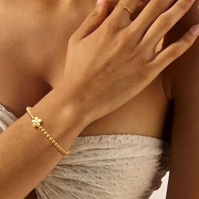 Gold Bracelets for Women 14K Gold Beaded Bracelets Stackable Bracelets for Women Gold Charm Bracelet Non Tarnish Gold Jewelry for Women Trendy
