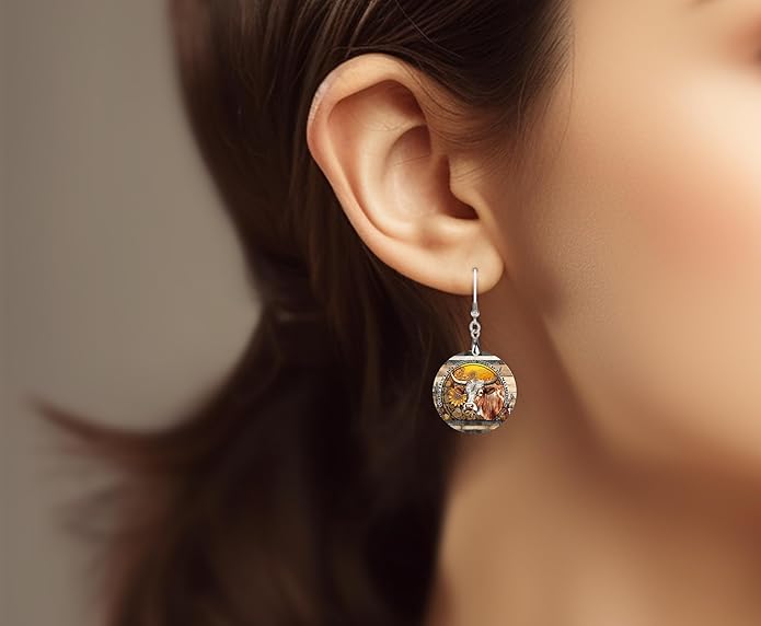 Round Wood Earrings Light Weight Printed Image Dangle Jewelry