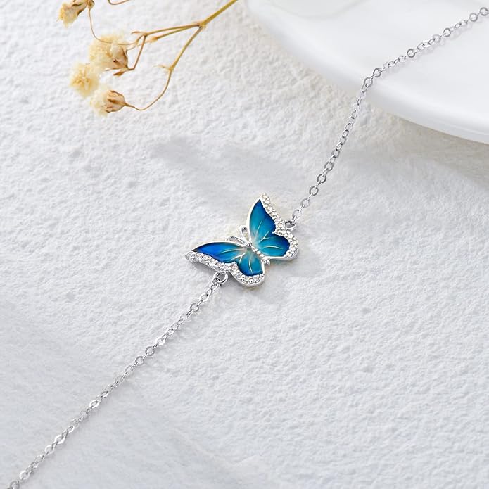 SISGEM 14k Gold Diamond Blue Butterfly Anklet for Women, 14 Karat Gold Ankle Bracelet Jewelry Gifts for Her (0.12 ct, 9.4-11 Inch)
