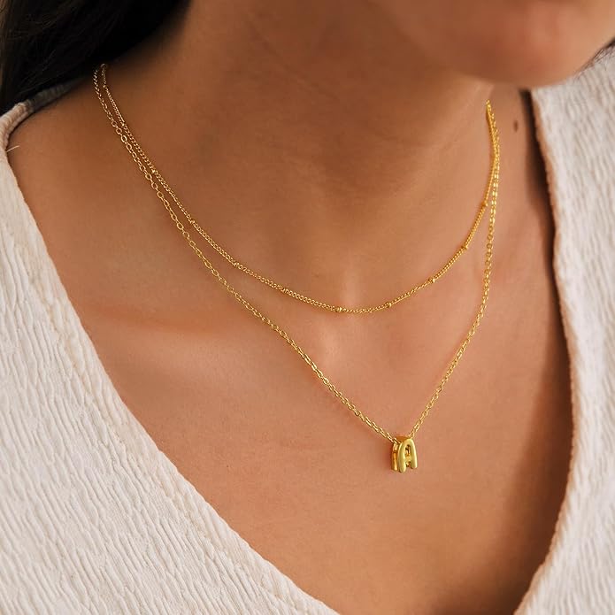 Valentines Day Gifts for Her - Bubble Letter Necklace Layered 14K Gold Plated Initial Necklaces for Women Dainty Cute Choker Pendant Stack Jewelry Fashion Accessories Teen Gift Trendy Stuff