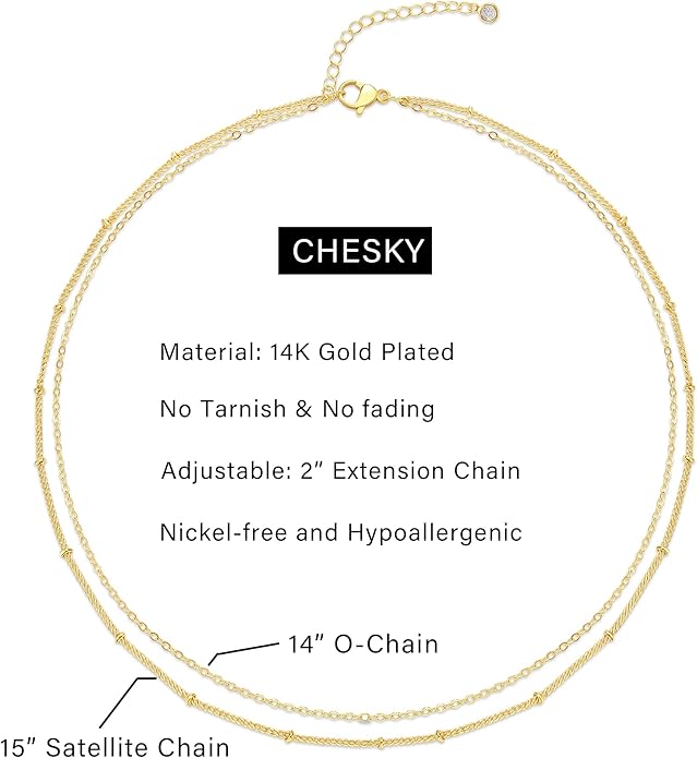 CHESKY 14k Gold Plated/Silver Plated Dainty Necklace for Women, Trendy Satellite Choker Necklace Thin Beaded Layered Choker Necklaces Discs Paperclip Chain Necklaces Womens Simple Jewelry