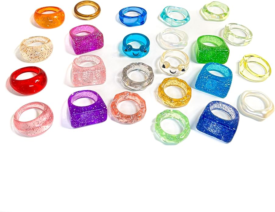 Viva Joya Resin Acrylic Plastic Knuckle Rings for Women, Chunky Trendy Colorful Stackable Jewelry, Statement Dome Thick Rings, Bulk Set