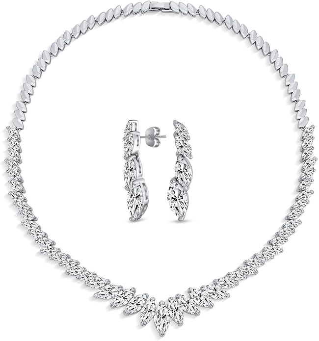 Bridal Jewelry Set Art Deco Vintage Estate Style Cubic Zirconia Marquise Leaf Teardrop AAA CZ Statement Cleavage Choker Necklace & Chandelier Dangle Clip On Or Pierced Earrings For Women Pageant