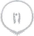 Bridal Jewelry Set Art Deco Vintage Estate Style Cubic Zirconia Marquise Leaf Teardrop AAA CZ Statement Cleavage Choker Necklace & Chandelier Dangle Clip On Or Pierced Earrings For Women Pageant