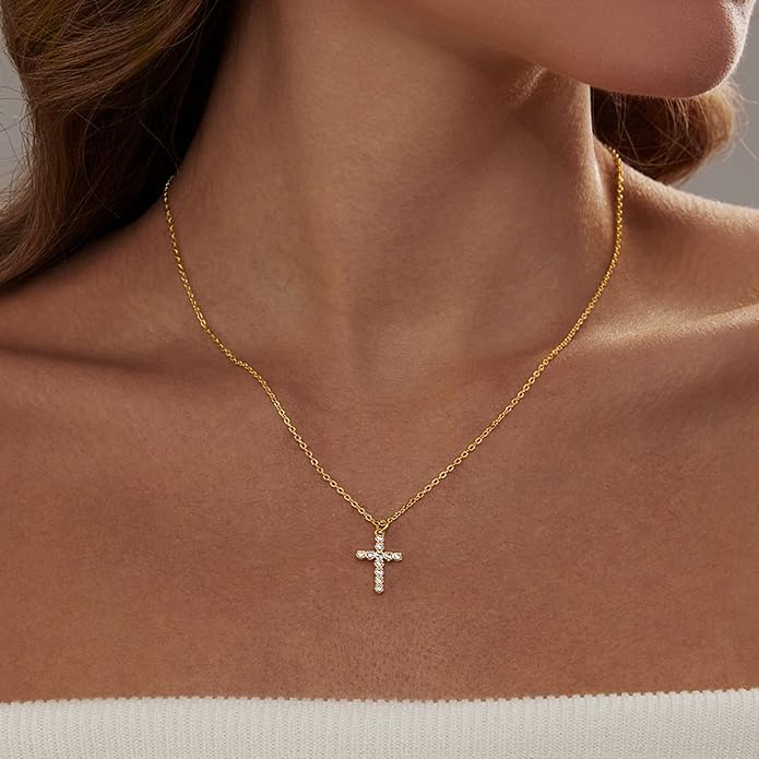 Zeffy Cross Necklace for Women, 18k Gold/Silver Plated Tiny Cross Pendant Necklace Simple Layered Cross Necklaces Gold Jewelry for Women
