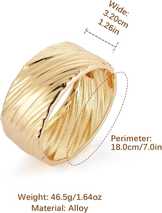 HZMAN 18K Gold Plated Wide Cuff Bracelet for Women - Premium Alloy Shiny Polished Double Layer Statement Bangle, Trendy Daily Wear Party Jewelry Accessory