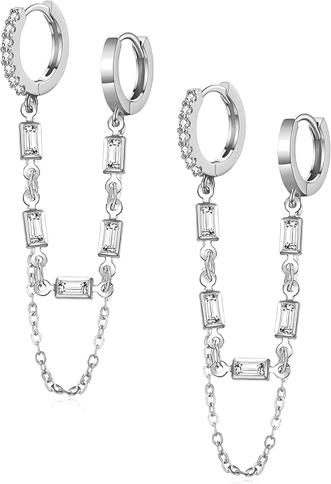 Tassel Chain Small Gold Hoop Dangle Earring For Women Huggie Earring Heart Star CZ 14K Gold Plated Fashion Jewelry Friendship Gift